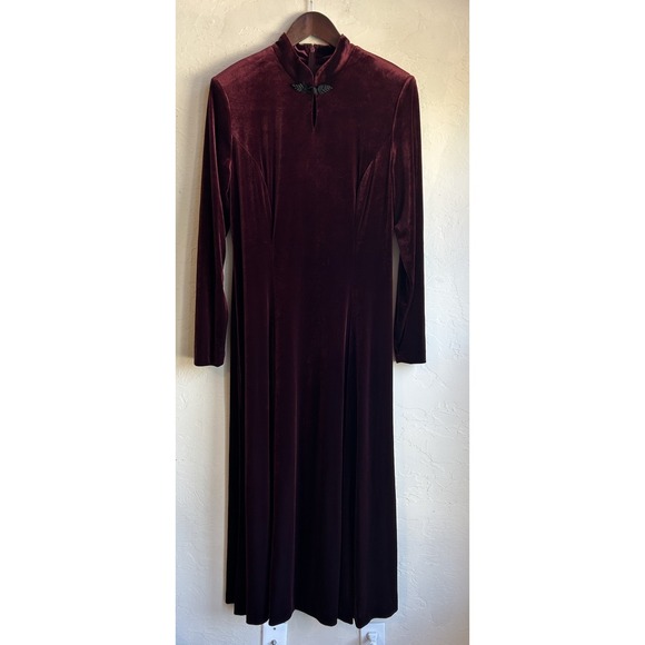 David Warren Dresses & Skirts - Vintage 90s David Warren Burgundy Velvet Maxi Dress 12 Mandarin Whimsigoth